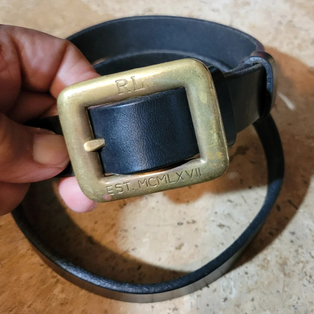 Vtg Ralph Lauren MCMLXVII Embossed Brass Buckle Black Leather Belt Women's 30